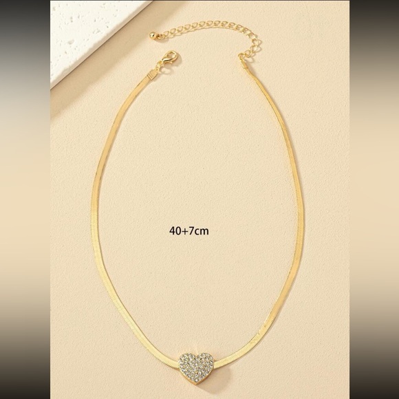 Heart Simulated Diamond inlaid, Herringbone Snake Chain Gold plated Necklace - Picture 3 of 7